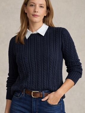 Brooks Brothers Navy Cable Knit Sweater Removable Collar 100% Cotton Preppy XS